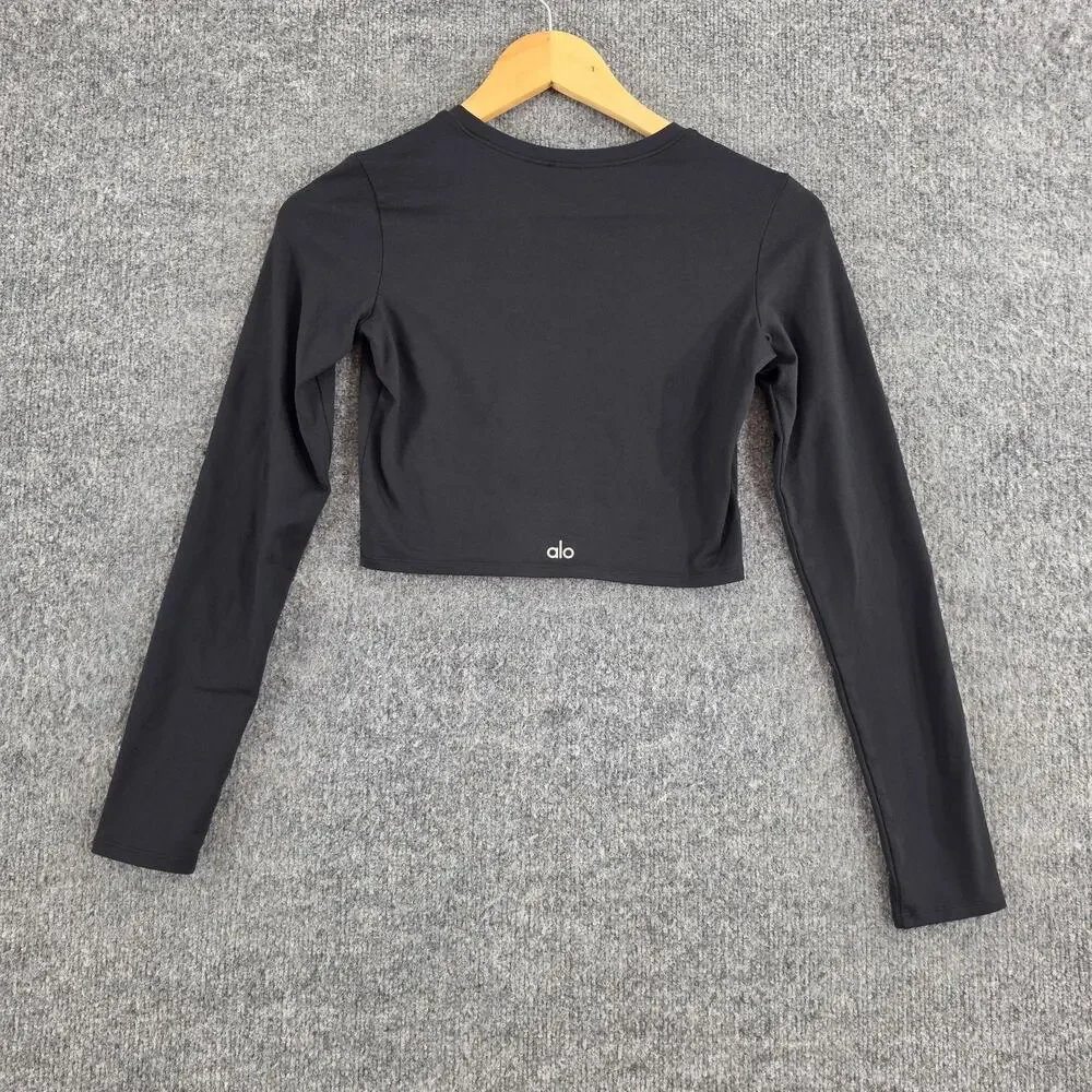 Alo Yoga Top Womens XS Alosoft Crop Finesse Long Sleeve Black Crewneck Yoga - Picture 4 of 8